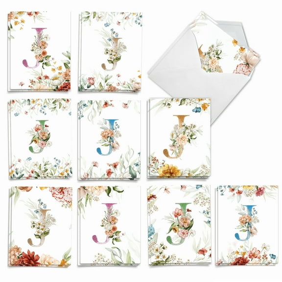 The Best Card Company 20 Assorted Blank Notes Bulk Box Set 4 x 5.12 Inch with Envelopes (10 Designs, 2 Each) Flowering Initial J AM10216OCB-B2x10
