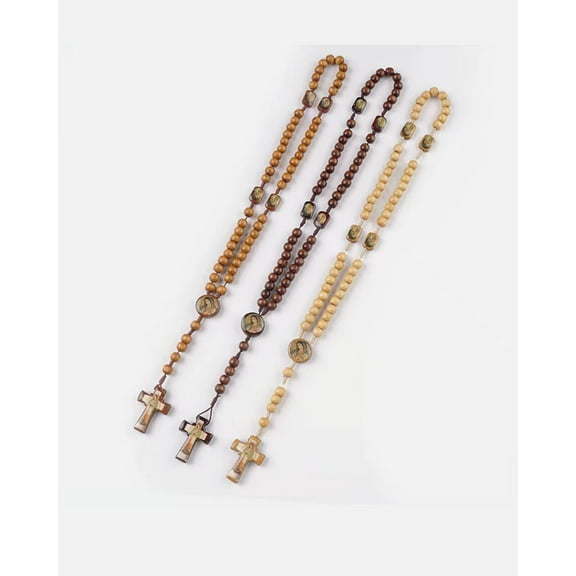 Set of 3 Pcs Mixed Wood Beads Rosary Crucifix Necklace Our Lady of Guadalupe
