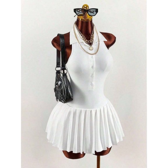 White Collared Sleeveless Button-Front Cinched Waist Mini Pleated Dress For Women