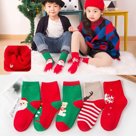 

Alueeu 1-12 Years Old Children Cartoon Christmas Thickening Print Middle Socks 5 Pairs Kids Sock