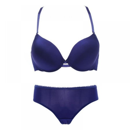 

Sexy Women Smooth Push Up Bras Sets Seamless Free Size Panties Y-Line Straps Padded Underwear Bras Blue 38B