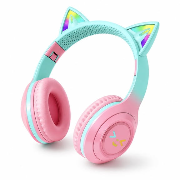 Biiend Kids Wireless Cat Ear Headphones with LED Light, Bluetooth Foldable Over-Ear Headset with Microphone, Gradient Color, Gift for Girls Boys, Pink