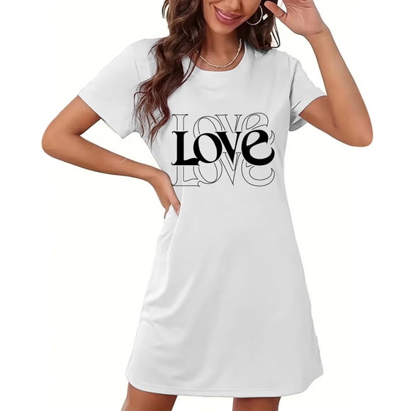 Sakmal White Moomoo Womens Short Lightweight Loungewear Love Print Short Sleeve Nightgowns for Women