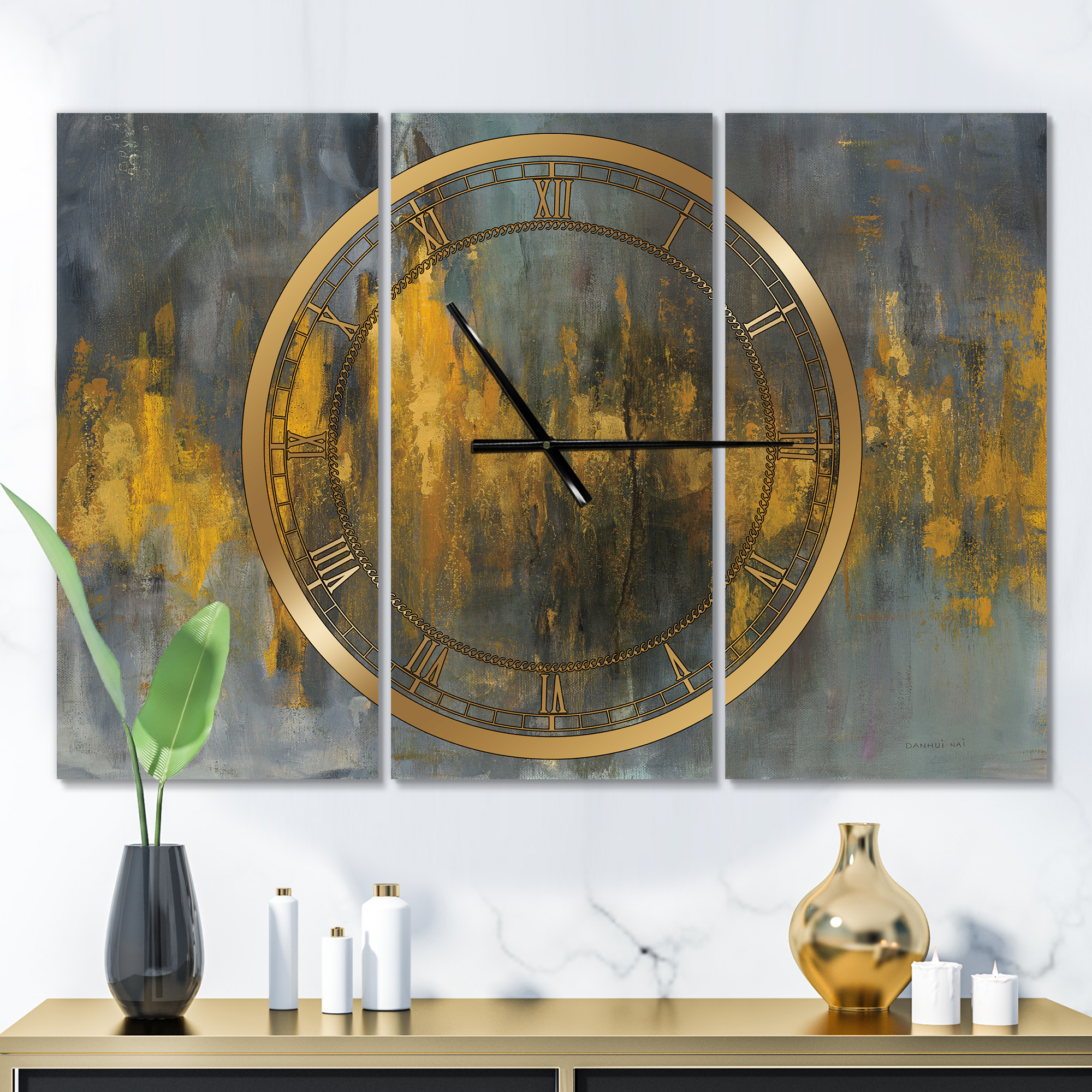 Black and Gold Glam Abstract' Glam 3 Panels Oversized Metal Clock - 36 in. wide x 28 in. high - 3 panels