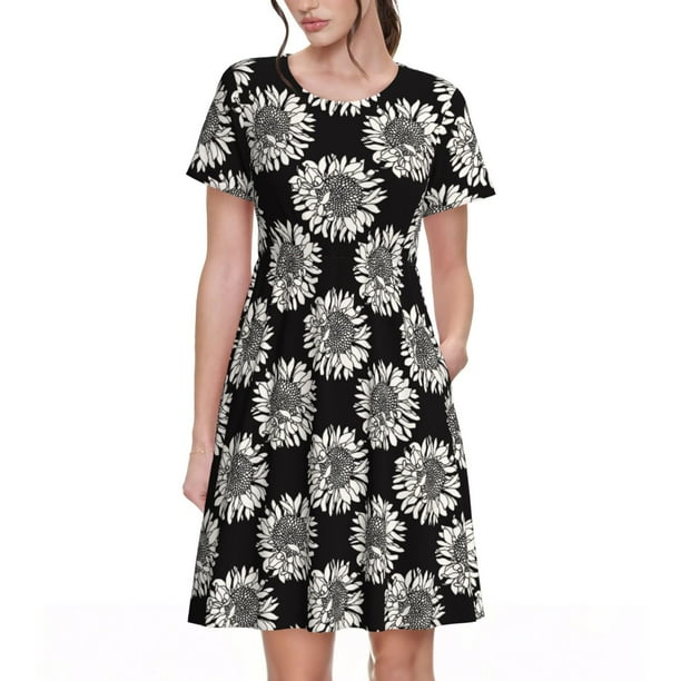 Fotbe White Sunflowers Vestido Largo de Moda para Mujer, Vestido Tipo Camiseta con Manga Corta y Estilo Casual a Rayas y Bloques de Color