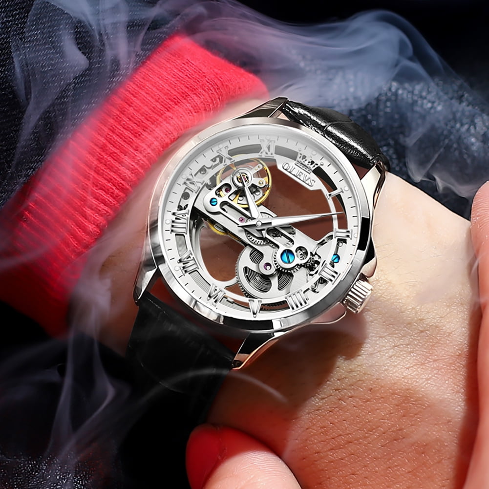 OLEVS Automatic Watches for Men Skeleton Black Leather Band Large Face Self Winding Mechanical Mens Dress Watches Waterproof Easy to Read Luminous Business Casual Mens Wrist Watches Reloj Para Hombre