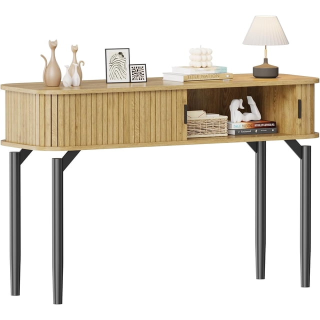 Fluted Solid Wood Console Table with Sliding Door Storage - Versatile Sofa/Entryway Table for Living Room, Couch Side, Hallway & Foyer | Concealed Storage Space, Modern Fluted Design