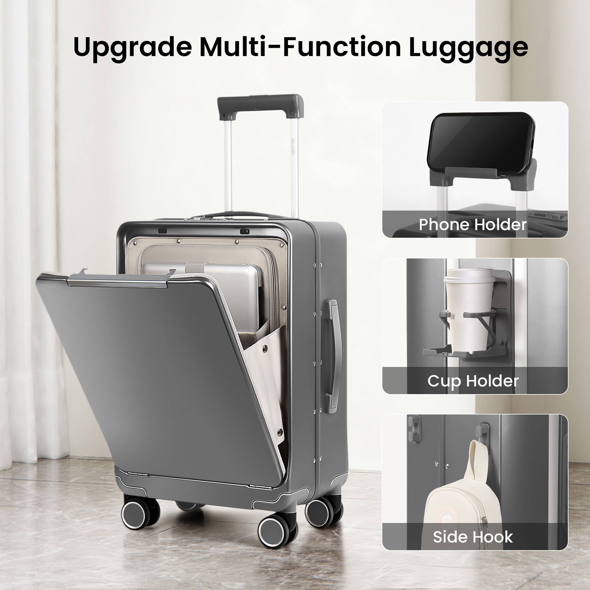 New York Xpress 20" Zipperless Carry-on Luggage, Hardside Aluminum Frame Suitcase with Spinner Wheels, TSA Approved, Grey - LA266