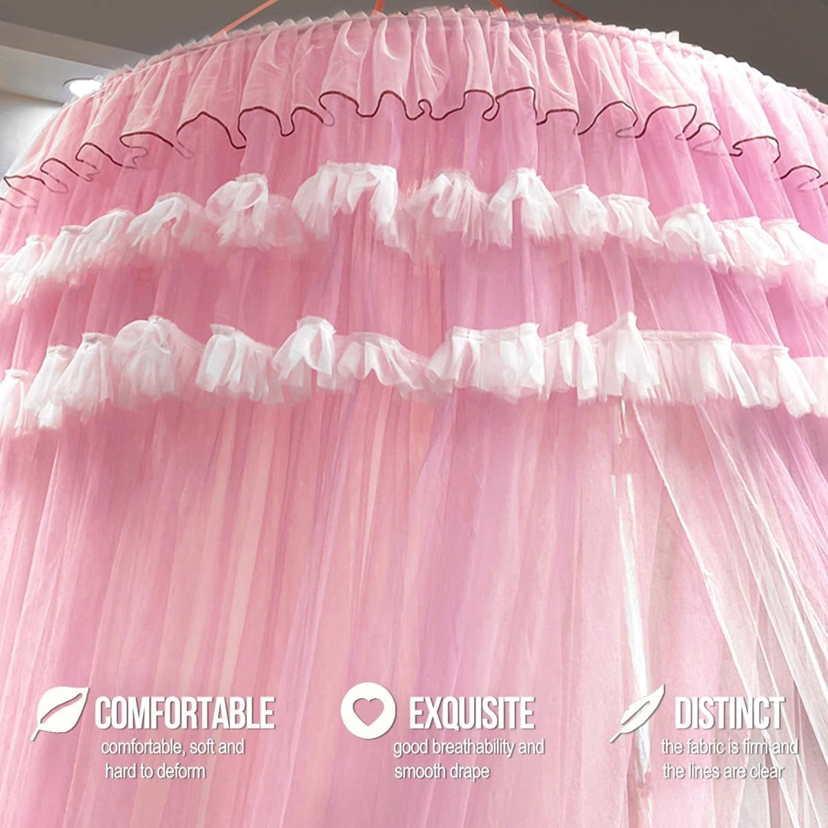Mosquito Net Bed Canopy for Girls, Princess Canopy Bed Curtain Fine Sheer Mesh Dome Bed Canopies, Kids & Adults Lace Tent for Twin Full Queen King Bed (Pink)