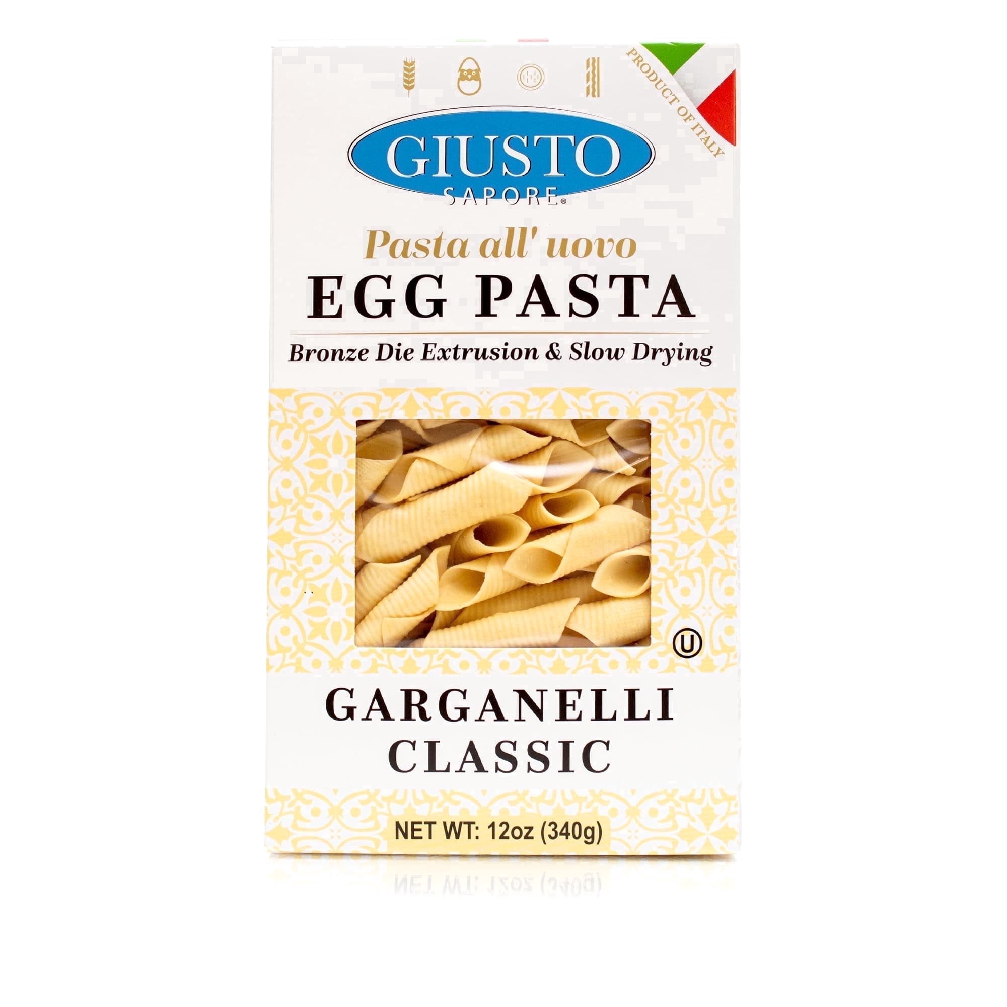Giusto Sapore EGG Garganelli Classic Pasta, Imported Italian Artisanal Egg Pasta, Ridged Rolled Quill Shape, 12 oz (340g)