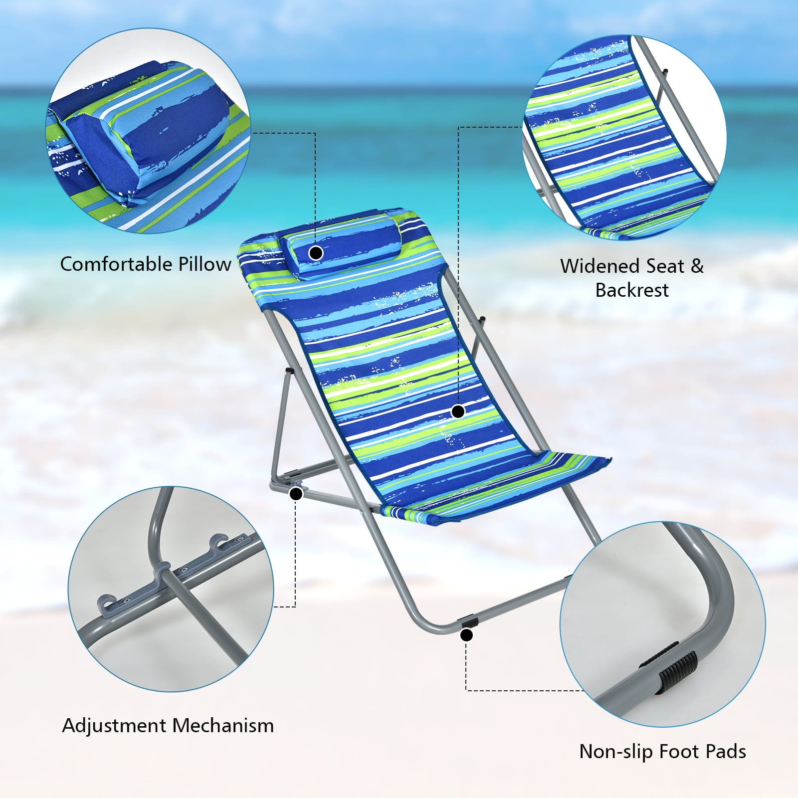 Patiojoy 2 PCS Beach Chair Lounger Reclining Folding Chair w/3-Position  Adjustable Backrest Blue