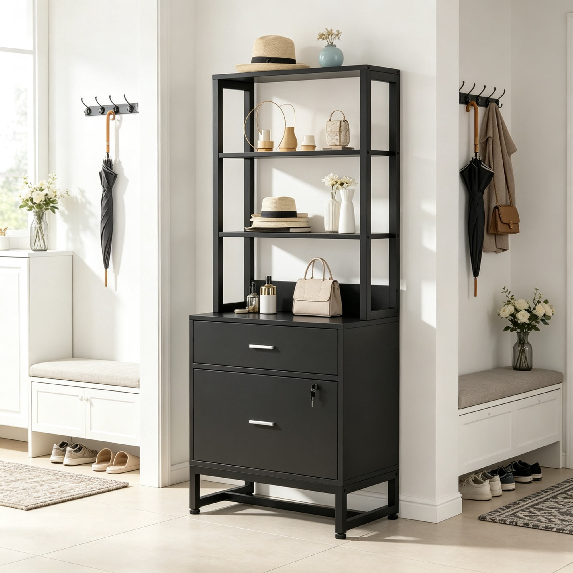Vertical File Cabinet, 2-Drawer Filing Cabinet with Open Shelves for Home Office