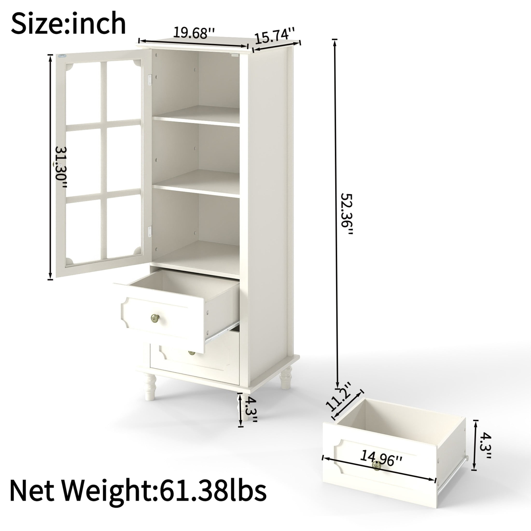 Noble House Nell 52" Tall Buffet Cabinet, Tempered Glass Doors, Wooden Storage Sideboard Cupboard, Creamy White