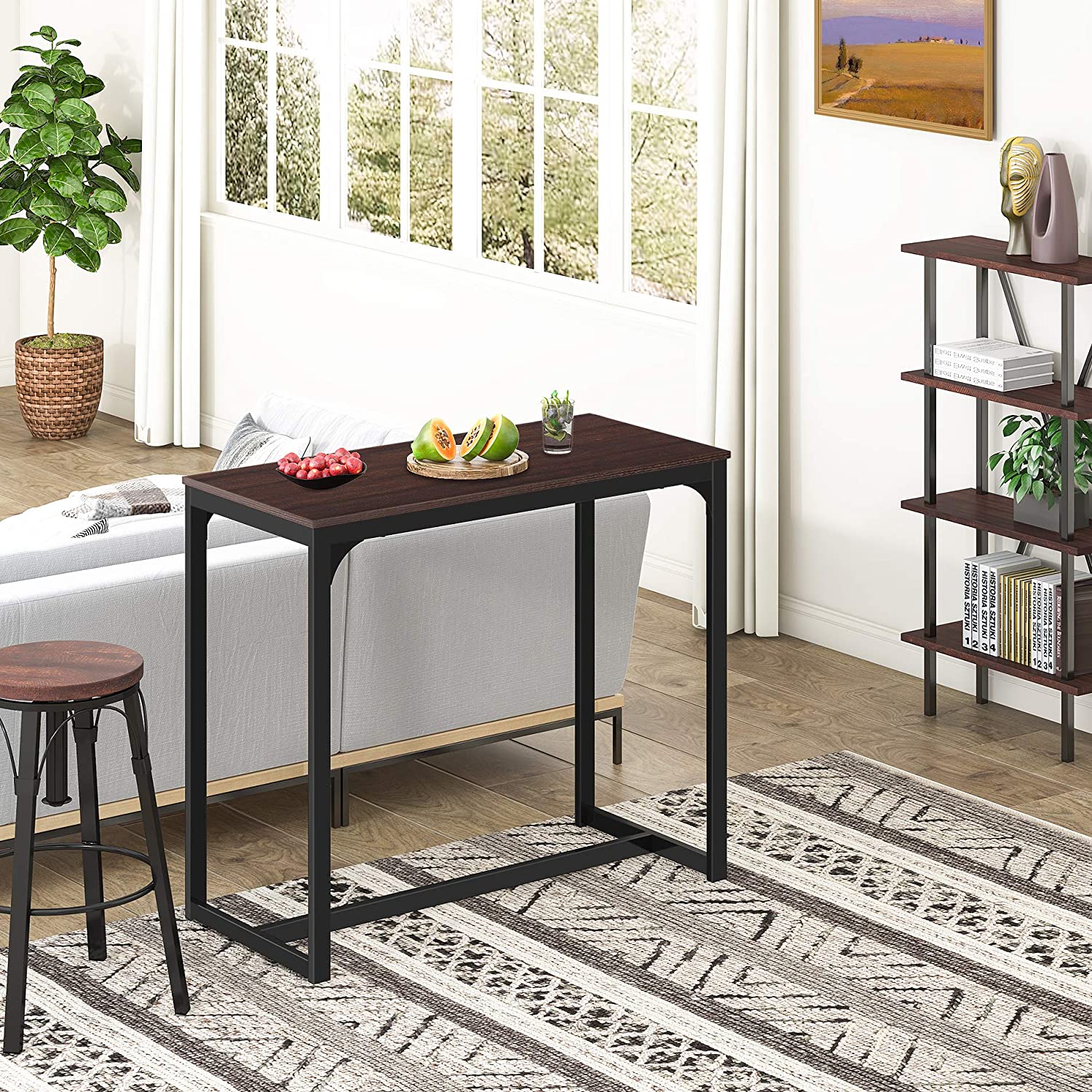 Bar Table, Pub High Top Table with Black Metal Base and Vintage Textured Top