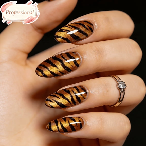24Pcs Tiger Stripe Press On Nails Long Almond, Glossy Full Cover Fake Nails, Reusable Acrylic Stick On False Nail Tips Salon DIY Manicure Nail Art Gift for Women Party Club Daily Wear