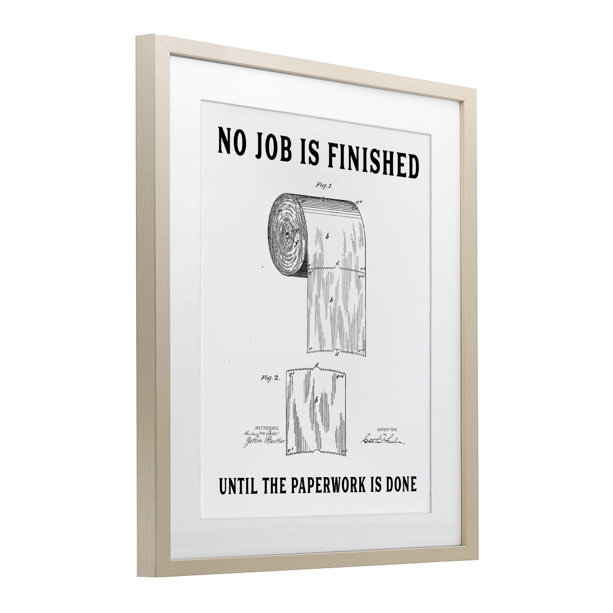 No Job Finished Toilet Paper Birch Framed Print Under Glass, design by Lettered and Lined
