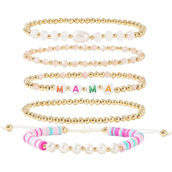 NICKSUN Tiny Pearl Gold Heart Beaded Bracelets For Women Dainty Gold Plated Pearls Stack Layered Beads Bracelet Gift set for MAMA Birthday Mother's Day