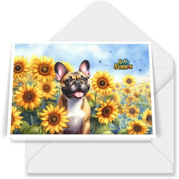 French Bulldog Hello Summer Sunshine Sunflowers Spring Retro Vintage 7x5in Folded Greeting Card Dog Lover Gifts Single Note Card with Envelope - 00008