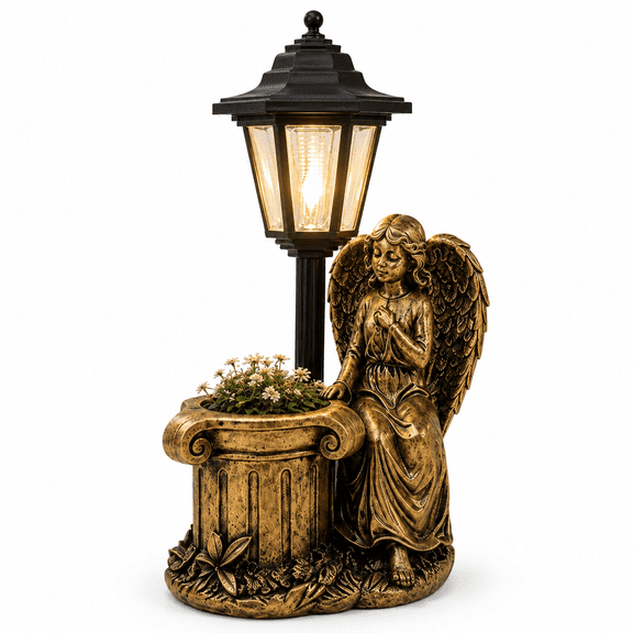 Bronze Angel Solar Garden Light with Planter, Vintage Outdoor Decorative Lantern Statue for Patio, Porch, Yard and Flower Bed