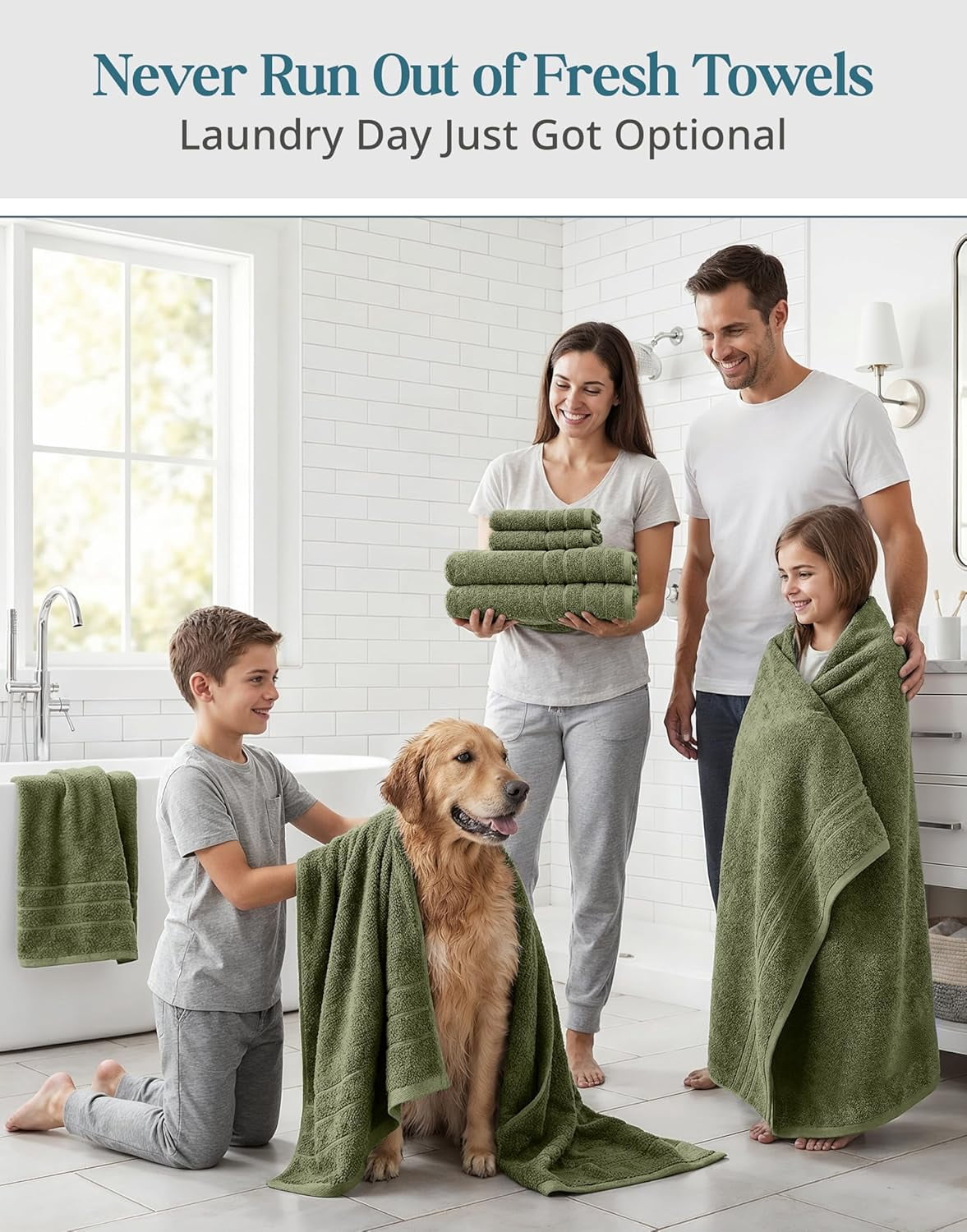 Casa Platino Towel Set of 24 – 100% Ring-Spun Cotton, 2 Bath Sheets, 2 Gym Towel, 2 Bath, 4 Fingertip, 6 Hand, 8 Washcloths, Perfect for Families, Soft After Every Wash – Oil Green