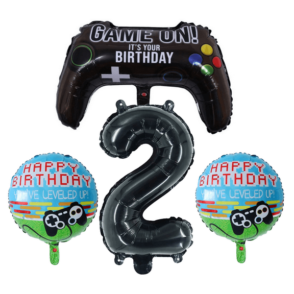 Game On! 2nd Birthday Party Balloons Number 2 Gamer Kit Black Blue