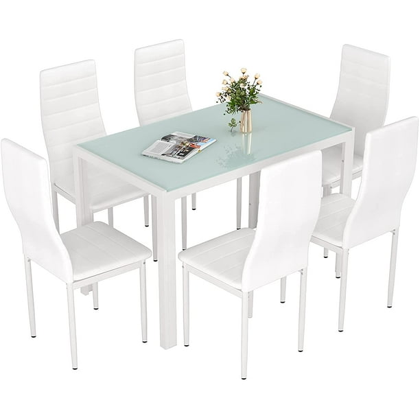 Pirecart 7 Piece Kitchen Dining Table Set For 6 Glass And Chairs Of White Com Pirecart 7 Piece Kitchen Dining Table, Glass Top Dining Table Set For 6