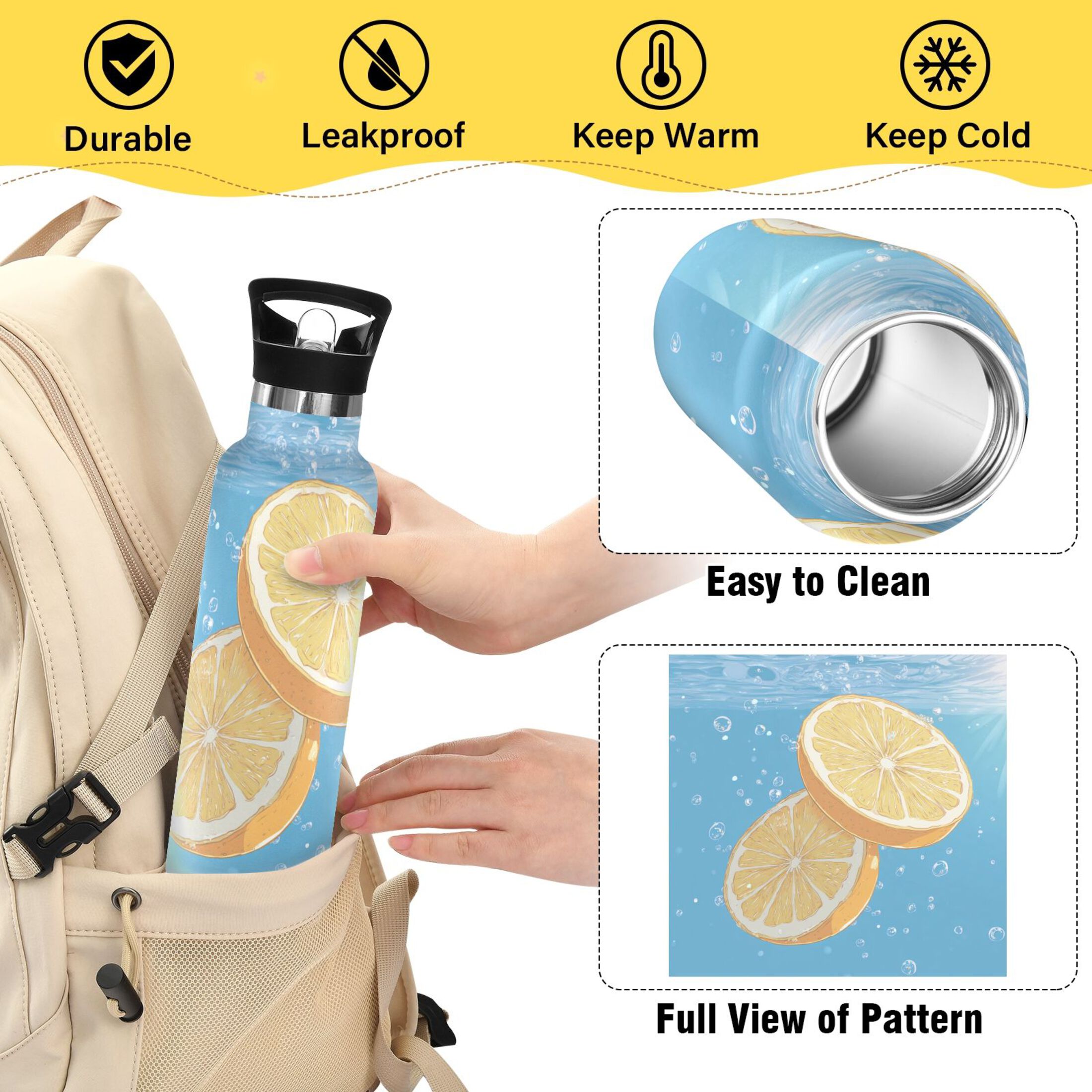 600ML Stainless Steel Insulated Cup Sports Water Bottle Portable Thermos Cup Water Glasses Insulated Tumblers Convenient and Durable Beautiful Yellow Lemon