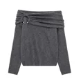 thumbnail image 2 of Suéter de punto con hombros descubiertos TRAF para mujer, suéteres cortos fruncidos, jerseys grises de otoño e invierno, jersey de mujer, top de manga larga, 2 of 5
