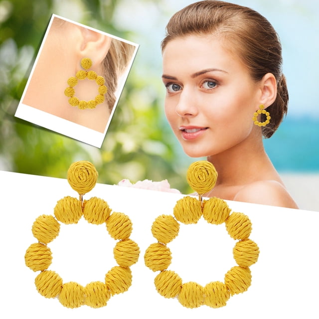 Handmade Rattan Pendant Drop Earrings for Women Bohemian Braided Straw Raffia Dangle Jewelry Summer Beach Style Accessories