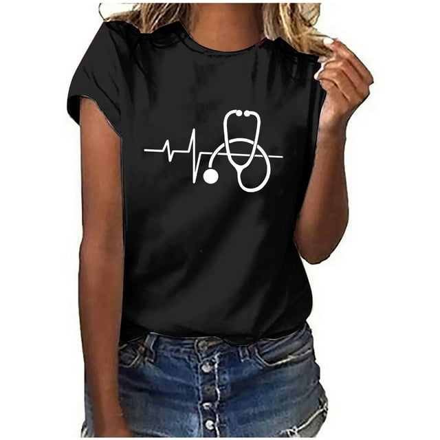 T-shirt Blouse Décontractée pour Femmes à Manches Courtes Imprimée pour la Journée des Infirmières