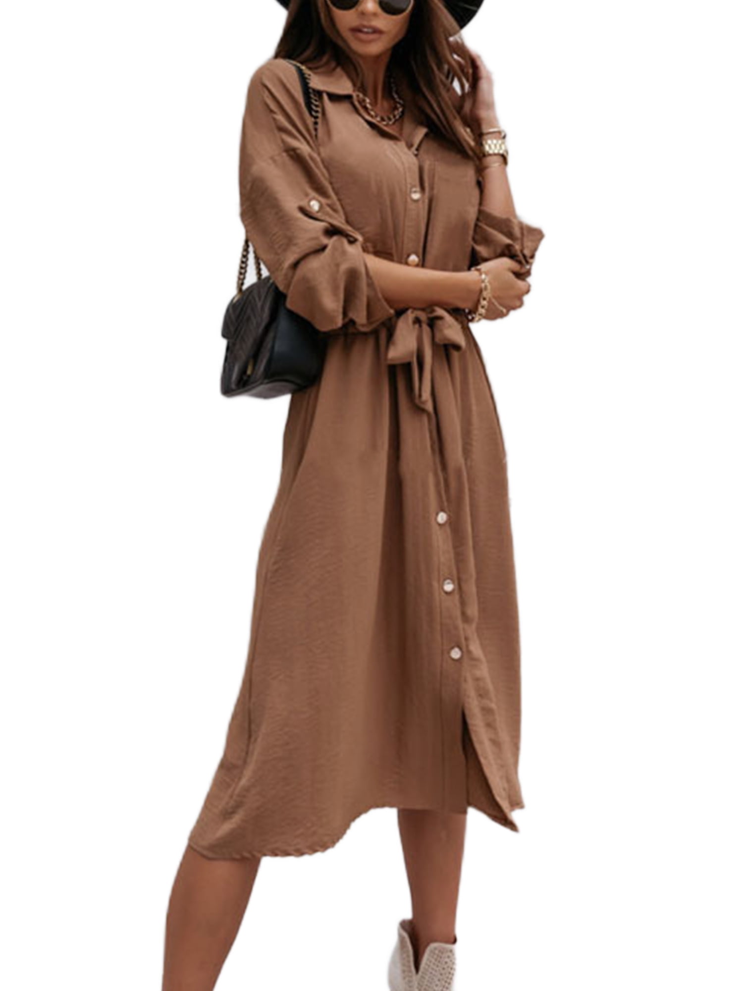 Frontwalk Ladies Shirt Dresses Button Down Midi Dress Solid Color