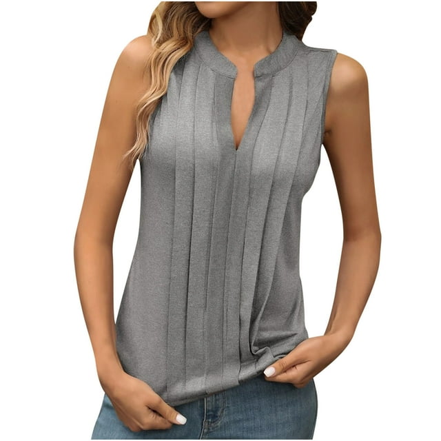 Timegard Womens Tank Tops Pleated V Neck Comfy Sleeveless Tops Summer Casual Tunic Tops Solid Color