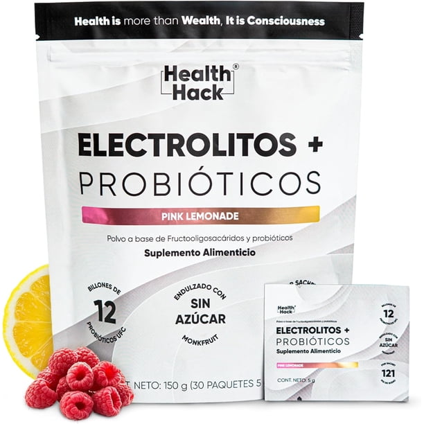 Electrolitos + Probióticos y Prebióticos 12 Billones en Sobres para Agua, Sabor Pink Lemonade | Endulzado con Fruta del Monje y Stevia | Sodio Potasio y Magnesio | 30 Sobres (150 g), sin Azúcar