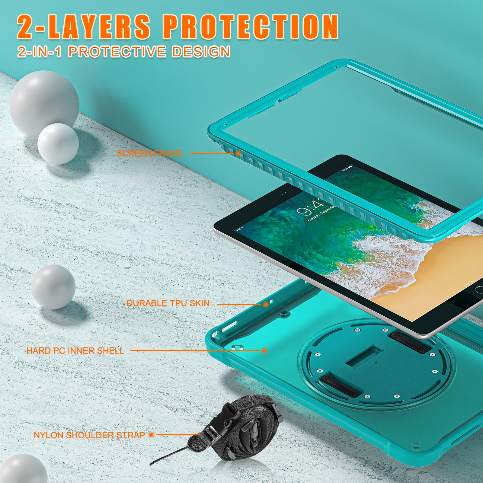 Dteck Case for iPad Air 2/iPad Pro 9.7"/iPad 5th/6th Generation,Military Grade Shockproof Silicone Protective Cover 360° Rotatable Stand- Shoulder Strap- Handle- Pencil Holder,Blue