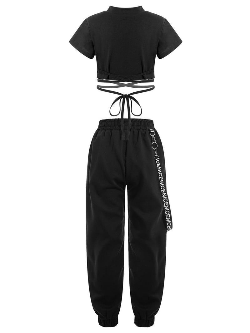 Sholeno Kids Hip Hop Clothes Girls Dance Outfits Crop Top T-Shirt with  Jogger Pants Set Jazz Street Black 170