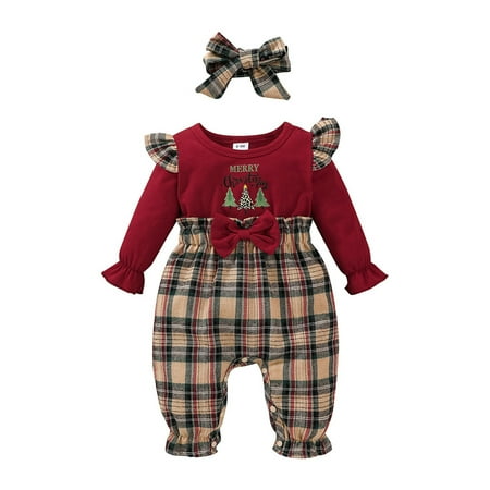 

Baby Girl Boy Clothes Girls Boys Christmas Plaid Romper Flared Sleeve Jumpsuit Ruffle Playsuit Headband Xmas Set Bodysuit Shorts Summer Outfit For 12-18 Months