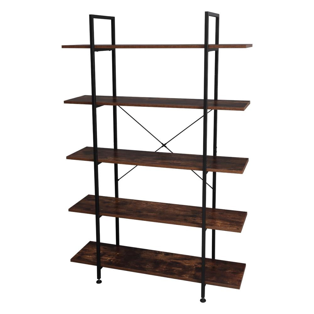 SMAGREHO 5 Tier Industrial Bookshelf,Open Wood Bookcase with Metal Frame Book Shelf for Living Room,Bedroom and Office,Office,Dark Brown