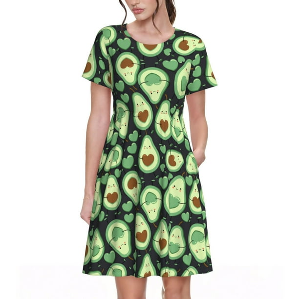 Fotbe Avocado Heart Vestido Largo de Moda para Mujer, Vestido Tipo Camiseta con Manga Corta y Estilo Casual a Rayas y Bloques de Color