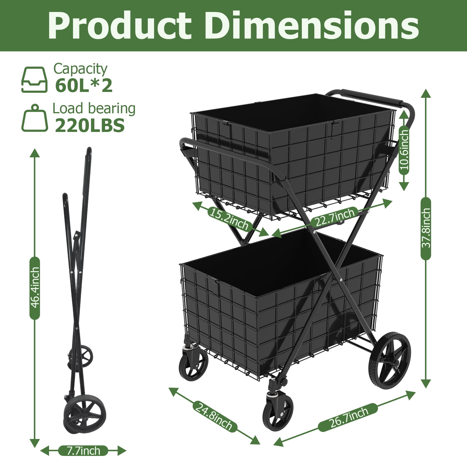 Jumbo Shopping Cart, 2 Layers Grocery Cart on Wheels, Foldable Utility Shopping Carts with Double Basket and 360° Rolling Swivel Wheels for Groceries Laundry