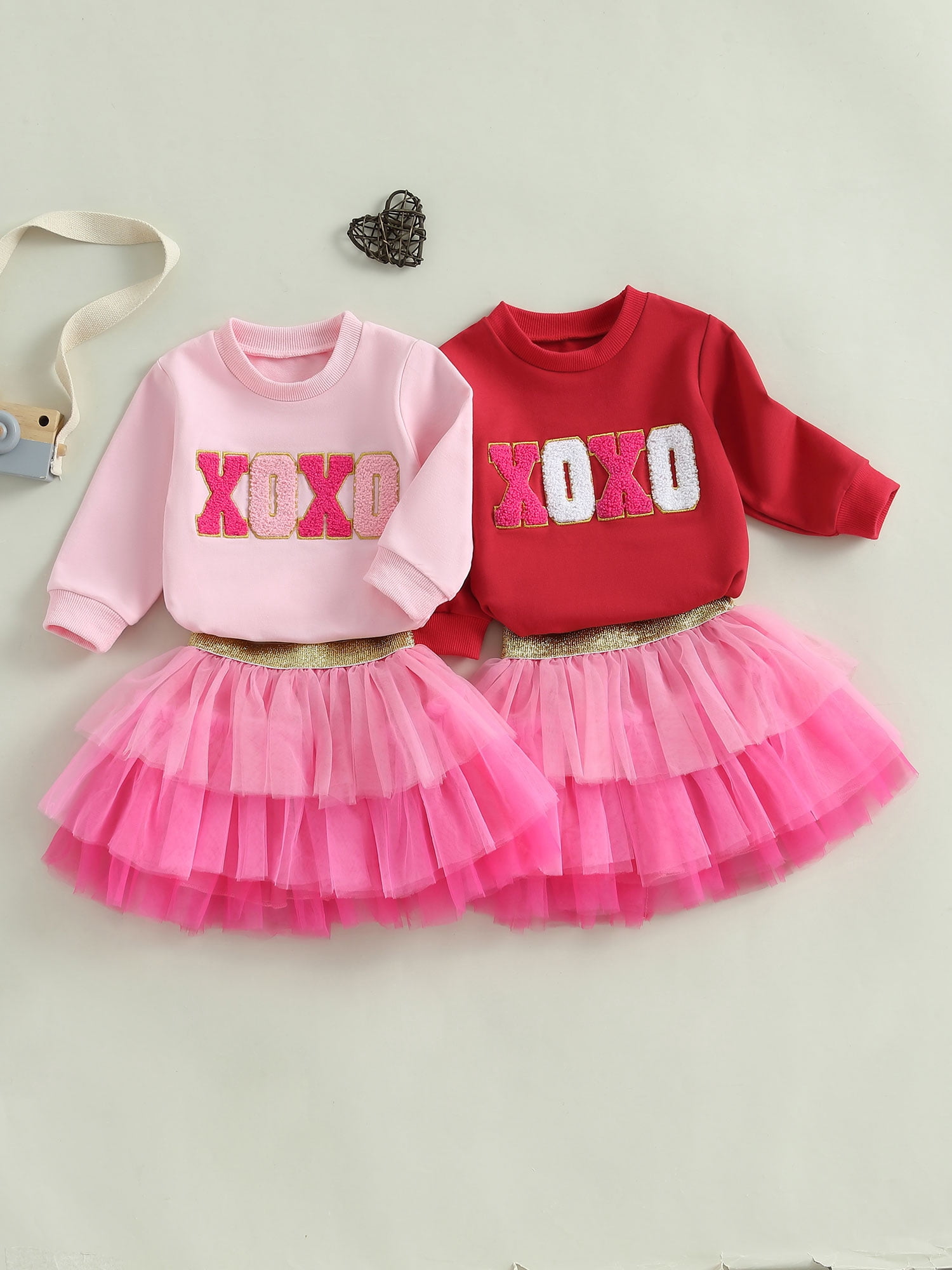 Jxzom Toddler Baby Girl Valentines Outfit XOXO Letter Embroidery Long Sleeve Sweatshirt Tops and Tulle Tutu Skirts Set 1-6 Years Cute Valentines Clothes