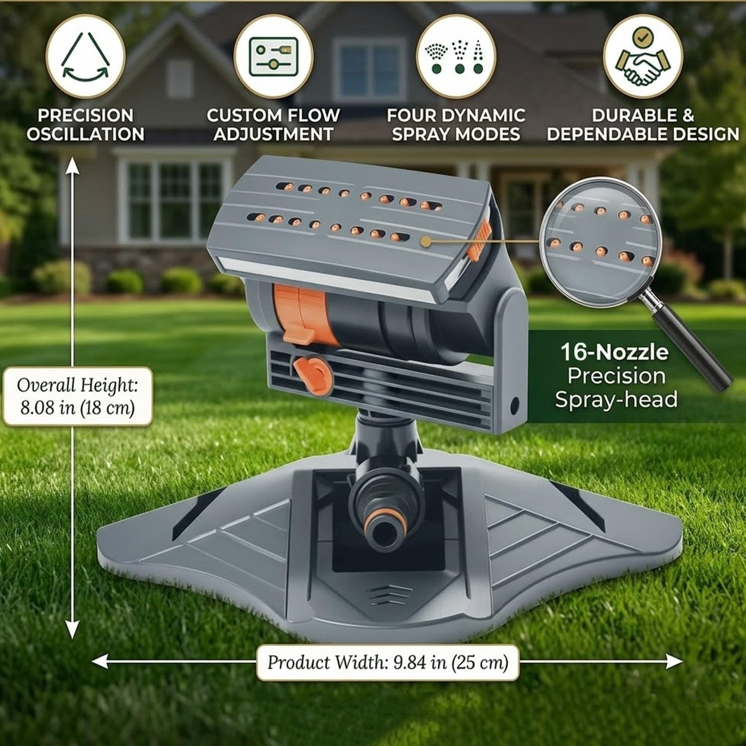 16-Nozzle Oscillating Sprinkler with Dual-Zone Sprinkler Water Timer Adjustable Lawn Sprinkler System Garden Watering Hose Connected Oscillating Lawn Sprinklers for Yard Patio Outdoor(*B+Timer)