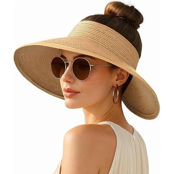 Sun Hats for Women Wide Brim Straw Visor Hat Packable Foldable Beach Hat Ponytail Open Top UV Protection Summer Travel Beach Hats for Women Essentials