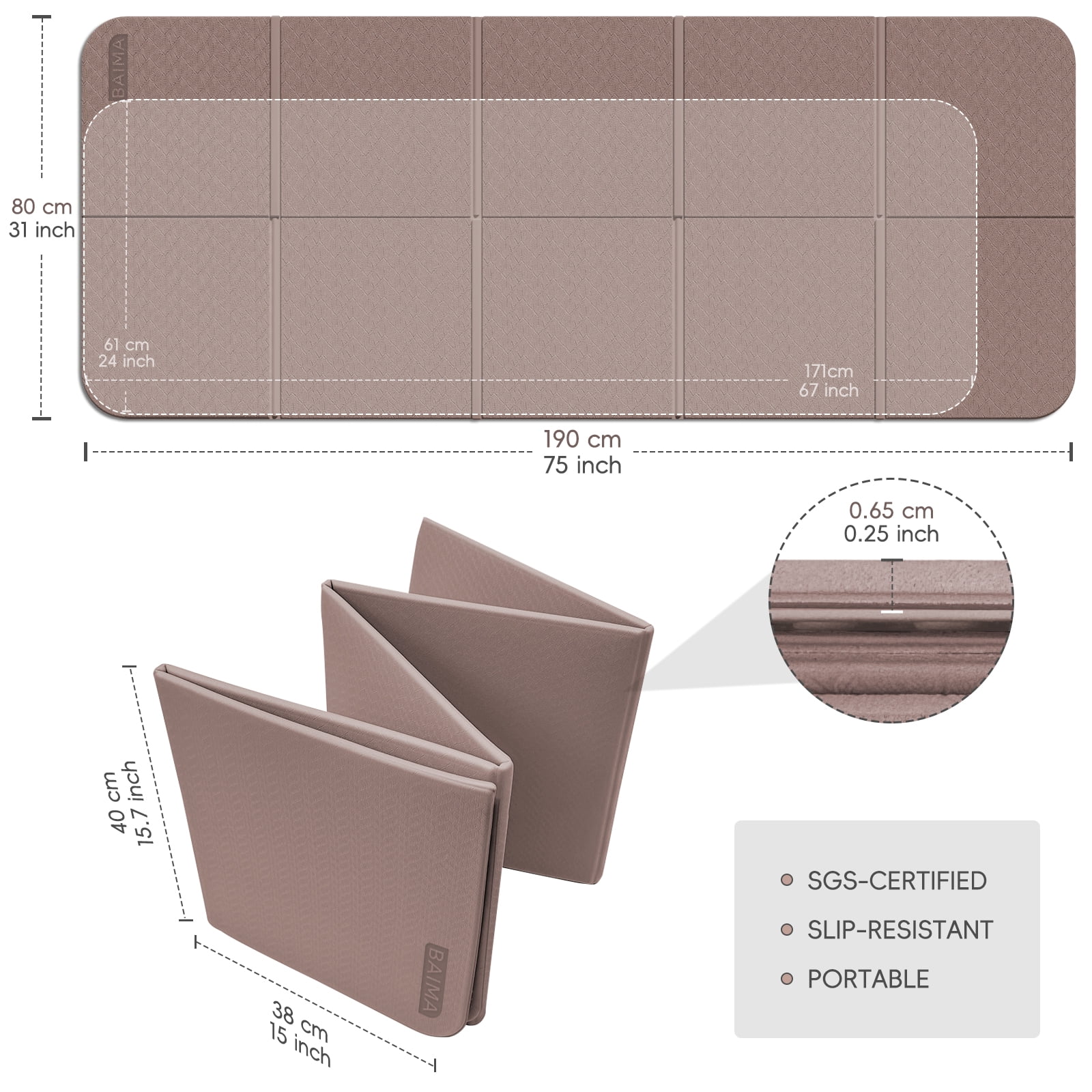 BAIMA Large Yoga Mat Thick Extra Wide and Long , Foldable Portable Travel Square Mats(Brown+Apricot)