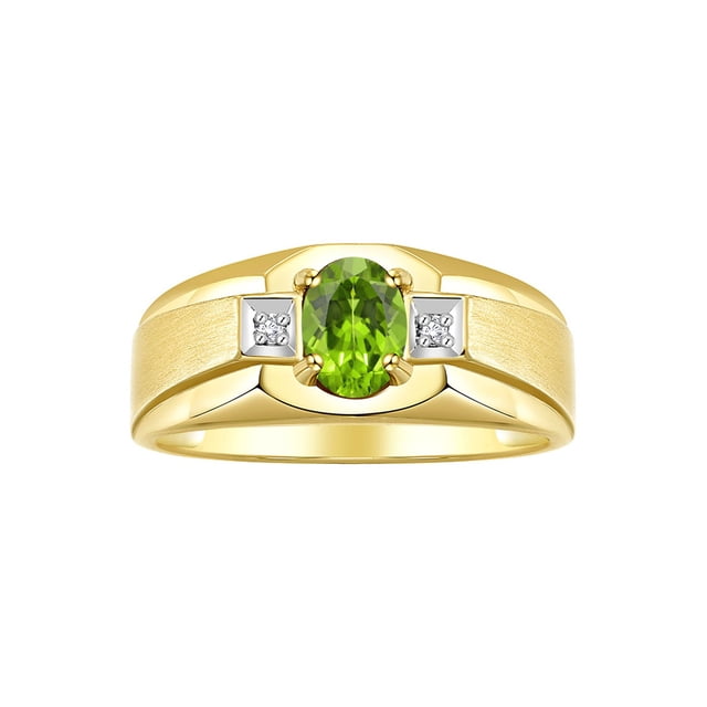 RYLOS Men's Rings 14K Yellow Gold Classic 7X5MM Oval Gemstone & Diamond Ring Peridot August Birthstone Rings For Men, Gold Rings Size 10