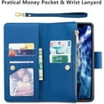 thumbnail image 5 of Case for iPhone 13 6.1 inch, Glossy PU Leather 9 Card Slots Magnetic Closure Detachable Wrist Strap Zipper Wallet Shockproof Removable Back Cover Case - Blue, 5 of 16