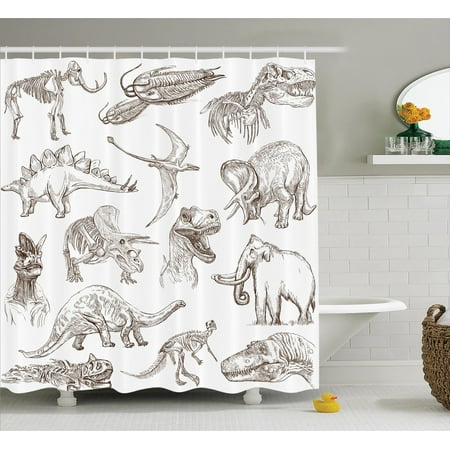 Dinosaur Illustrations (Jurassic Decor Shower Curtain Set, Collection Of Various Dinosaurs Illustrations Gigantic Skeleton Biology Historic, Bathroom Accessories, 69W X 70L Inches, By)