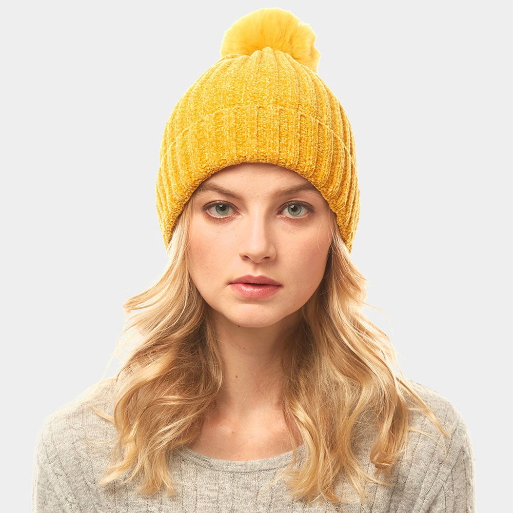 Solid Chenille Pom Pom Beanie Hat 