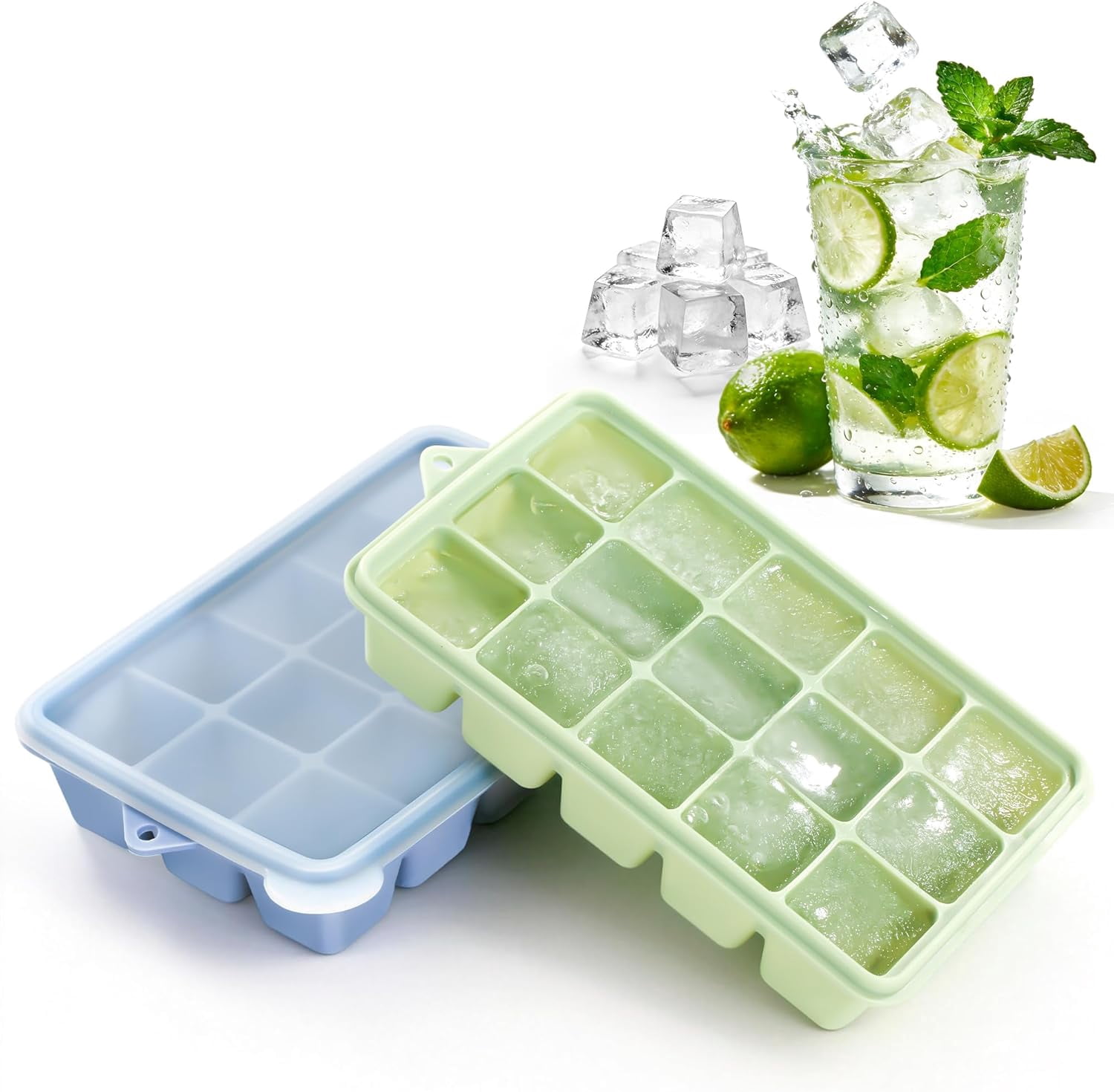 4 Pack Silicone Ice Cube Trays with Lid, Easy Release Ice Cube Trays for Freezer, Reusable and Stackable Silicone Ice Molds, Covered Ice Cube Trays for Cocktails, Whiskey, Coffee