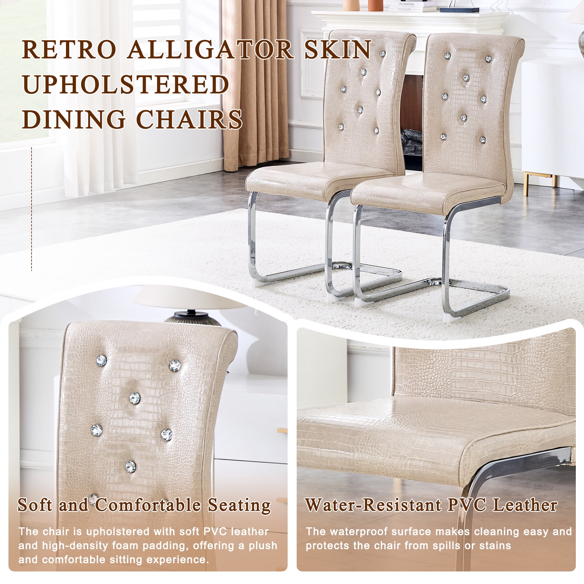 Aukfa Modern Dining Chairs Set of 2 , 400 lbs Heavy-Duty Faux Alligator Leather Kitchen Chairs with Crystal Button Tufted High Back,Beige
