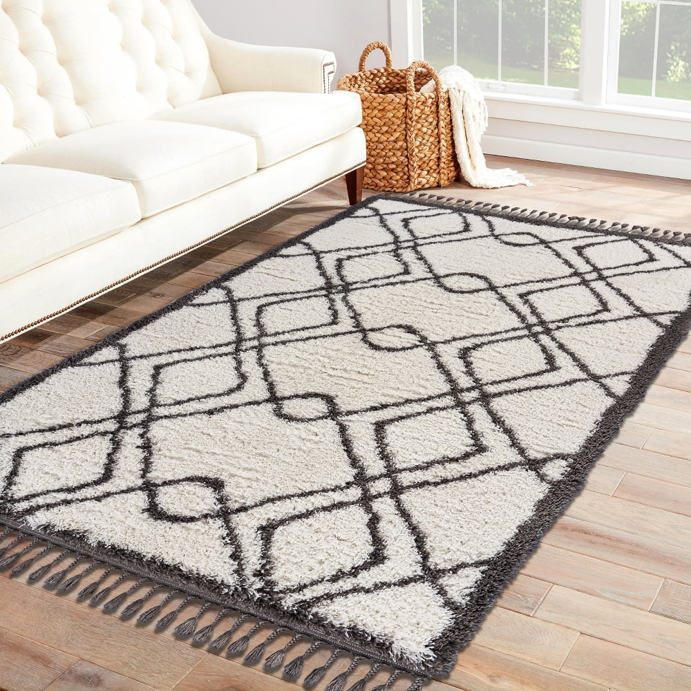 LR Home Outlander 8x10 Bordered Geometric Fringe Shag Rug